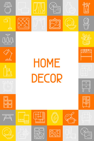 Home decor icons background. Domestic items thin line illustration.のイラスト素材