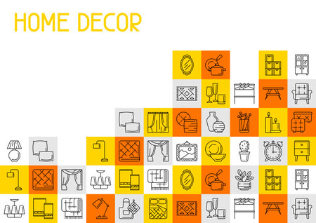 Home decor icons background. Domestic items thin line illustration.のイラスト素材