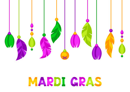 Mardi Gras party background with feathers and beads. Carnival illustration for traditional holiday or festival.のイラスト素材