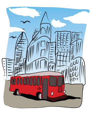 Red bus resembling a street car in the downtown area of the city.のイラスト素材