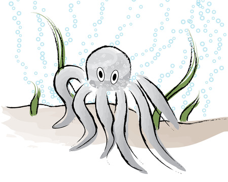 Fun and happy looking octopus on the ocean floor with seaweed in the background and bubbles floating up around him.のイラスト素材