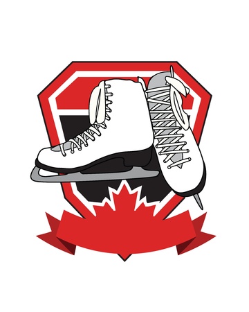 Crest with banner, maple leaf, and ice skates.のイラスト素材