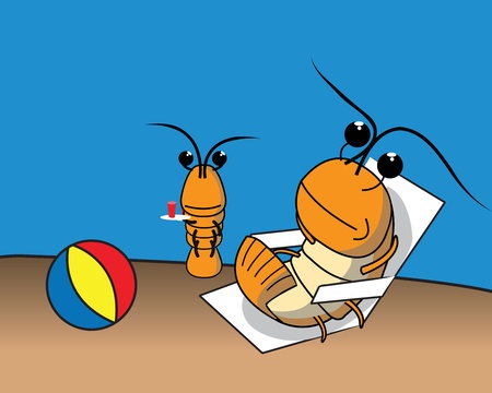 Shrimp at the beach relaxing while getting served some drinks.のイラスト素材