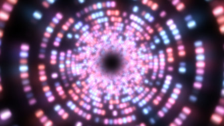 Fly in Endless Tunnel Circle Ring of Bright Glowing Neon Lights - Abstract Background Texture