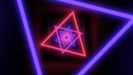Fly through Ultraviolet Glowing Neon Triangle Black Light Tunnel - Abstract Background Textureの写真素材