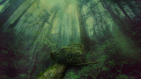 Old car in the forest with fog in the background - 3d renderの写真素材