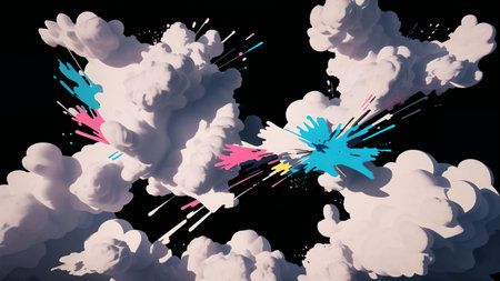 Composite image of multiple colored paint splashes against black backgroundの素材