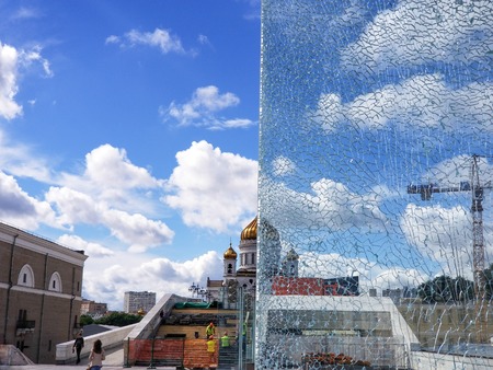 Moscow, Russia - July 2018: Half view through broken glass of Cathedral of Christ the Saviour.のeditorial素材