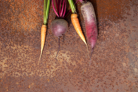 Bunch of raw beetroots and carrots from new harvest on rusty melallic surface background empty spaceの写真素材