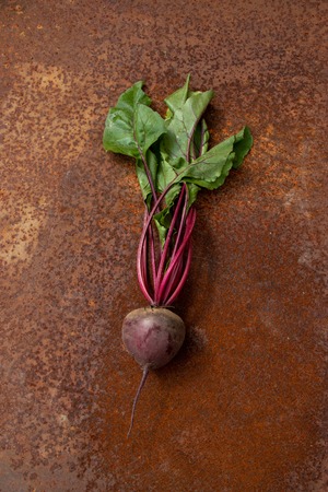 Raw beetroots from new harvest in the center of rusty melallic surface background emty spaceの写真素材