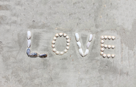 Shell letters make word Love on cement wall background in sunny dayの写真素材