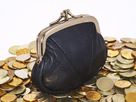 Black purse and coinsの写真素材