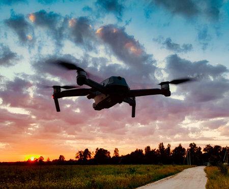 A drone in flight over a field against the background of an evening sunsetの写真素材