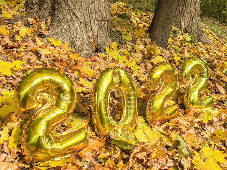 Balloons in the form of numbers 2022 in golden color on the wooden floor. The concept of the...