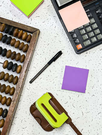 Flat lay with stationery items on a white background. The concept of office work.の写真素材