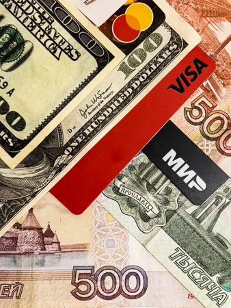 Background of Russian banknotes and bank cards. The concept of money.のeditorial素材