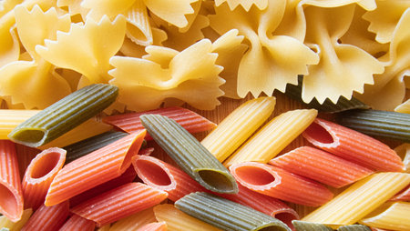 Multicolored raw pasta close-up. The concept of Italian cuisine.