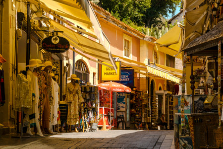 September 14, 2022. Turkey Antalya Old Town. Shopping malls and storefronts for tourists in the morning.のeditorial素材