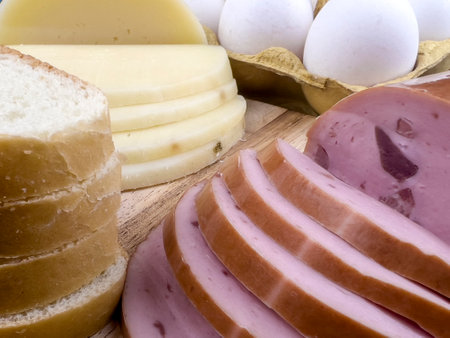 Sliced gastronomic products on a wooden table in close-up. The concept of home gastronomy.の写真素材