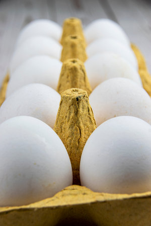White chicken eggs in a tray close-up. The concept of natural farm products.の写真素材
