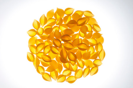 A pile of raw pasta on a white background. close-up shooting.の写真素材