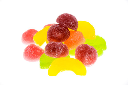 Multicolored fruit marmalade on a white background. The concept of healthy sweets.の写真素材