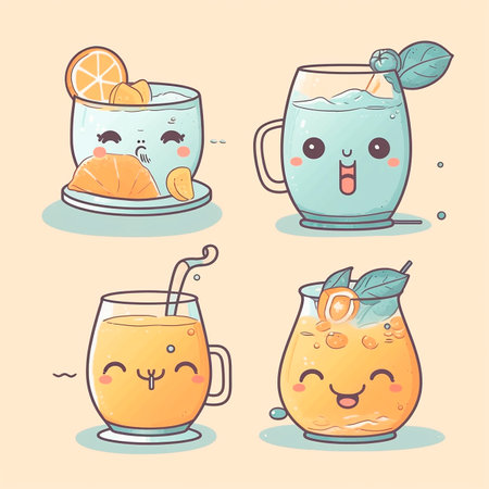 Drawing with tableware full of food in the style of kawaii. The illustration was created by AI.の素材