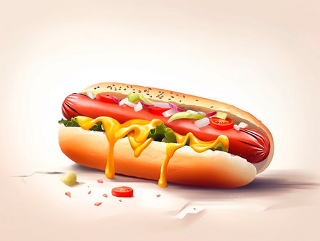 A big juicy hot dog painted on a white background. The illustration was created by AI.の素材