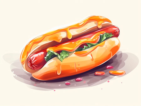 A big juicy hot dog painted on a white background. The illustration was created by AI.の素材