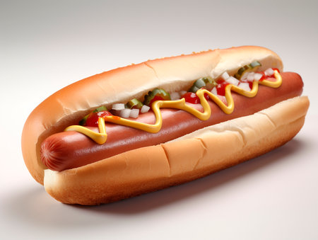 A big juicy hot dog painted on a white background. The illustration was created by AI.の素材