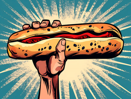 A big juicy hot dog in the style of pop art. The illustration was created by AI.の素材