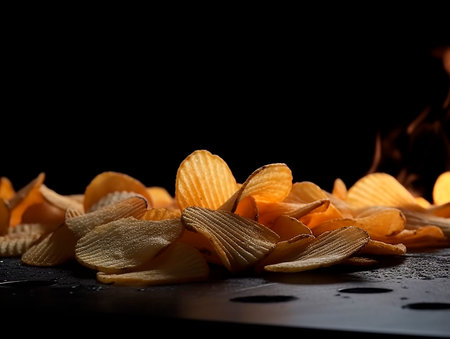 Potato chips on a black background. The concept of fast food.の素材