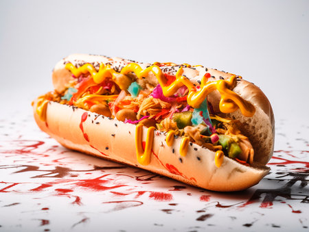 A big juicy hot dog in the style of graffiti. The illustration was created by AI .の素材