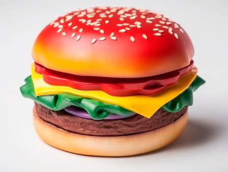 Big hamburger with red, yellow, green and black sesame seedsの素材