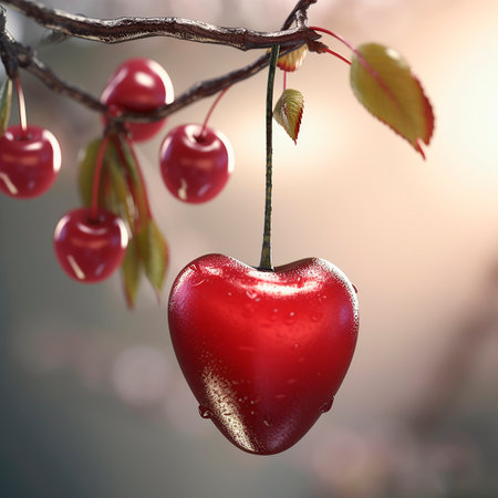 A juicy ripe cherry in the shape of a heart is hanging on a branch. The illustration was created by AI.の素材