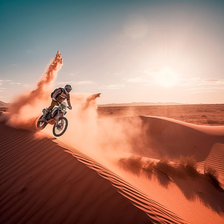 A motorcyclist on a sports motorcycle rides through the desert at high speed. Around him is a fountain of sand and dust. The illustration was created by AI.の素材