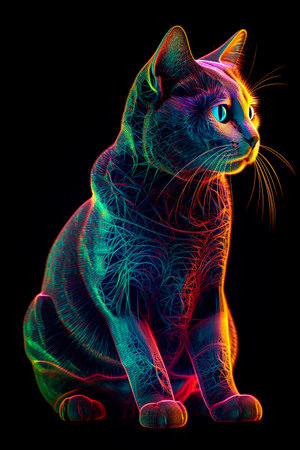 Neon cat on a black background. The illustration was created by AI.の素材