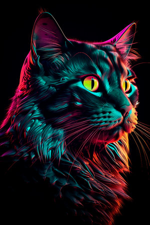 Neon cat on a black background. The illustration was created by AI.の素材