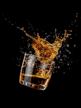 Cognac splashes in a transparent glass on a dark background. The illustration was created by AI.の素材