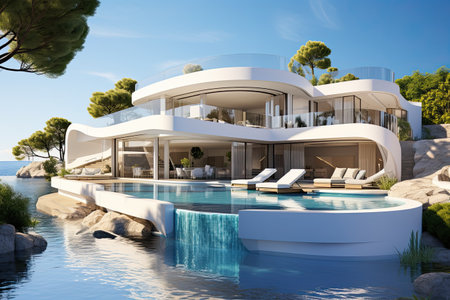 A futuristic villa from the future that combines elegance with meticulous precision. Luxury combined with biodesign. The concept of the future of architecture. Generated by AI.の素材