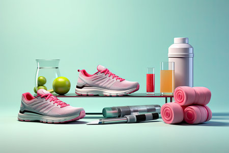 A set of fitness items on a blue background. The concept of a healthy lifestyle. Generated by AI.の素材