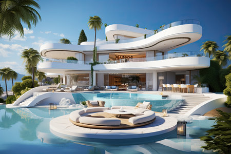 A futuristic villa from the future that combines elegance with meticulous precision. Luxury combined with biodesign. The concept of the future of architecture. Generated by AI.の素材