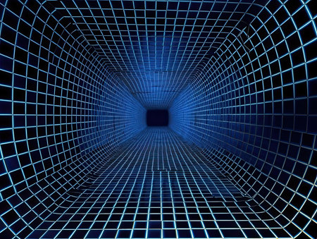 The coils of the lines are arranged in a circle so that they look like tubes with a light source at the end, which makes them look like a tunnel into the future. Futuristic robot-themed background. Generated by AI.の素材