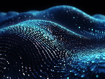 A blue digital wave with dots. Background for the design of technology sites. Generated by AI.の素材