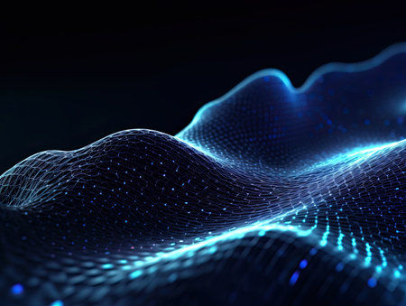 A blue digital wave with dots. Background for the design of technology sites. Generated by AI.の素材