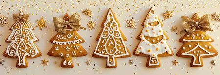 Christmas gingerbread cookies in the form of Christmas trees on a yellow background. The concept of a children's holiday treat. A banner for the design of a confectionery website. Generated by AI.の素材