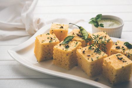 Chana Dal Dhokla served with mint chutney, selective focus