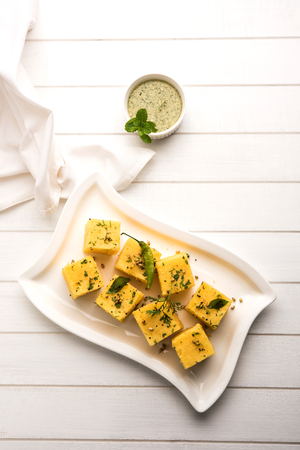 Chana Dal Dhokla served with mint chutney, selective focusの写真素材