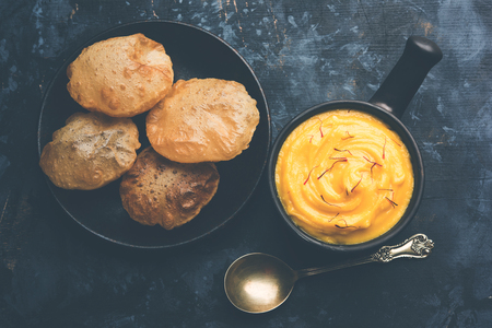 Amrakhand OR Mango Shrikhand with puri or Pooriの写真素材