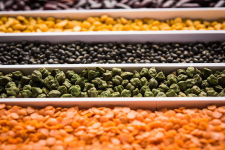 Indian Beans,Pulses,Lentils,Rice and Wheat grain in a white box with cells or strips, selective focus.の写真素材